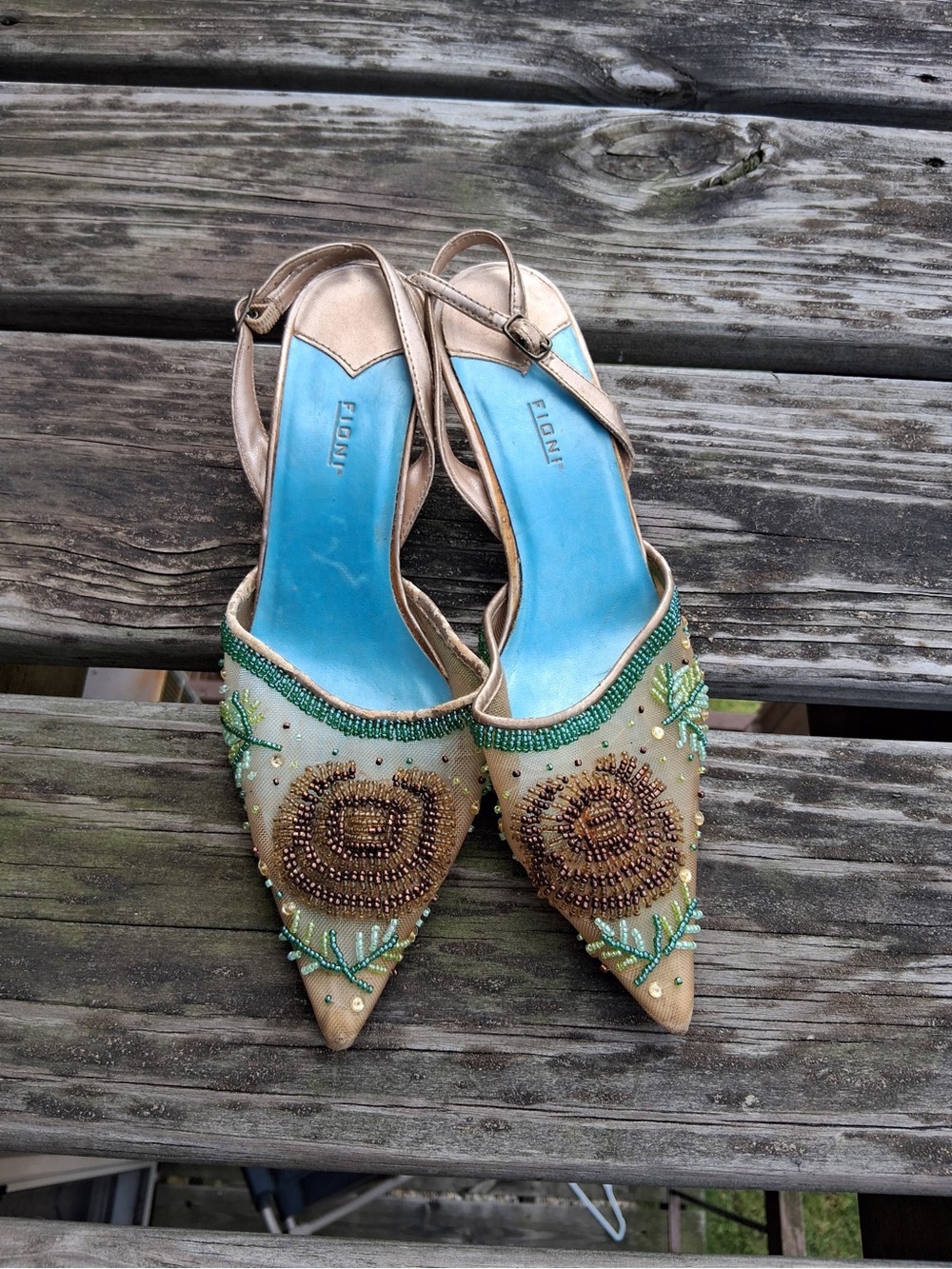 Fioni Embellished Pointed-Toe Slingback Heels in Beige with Blue Insole
